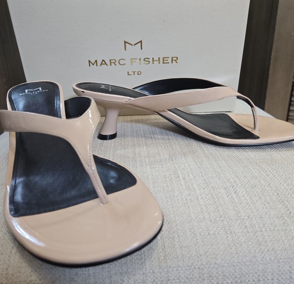 Marc Fisher Patent Beige Thong Kitten Heel Mules